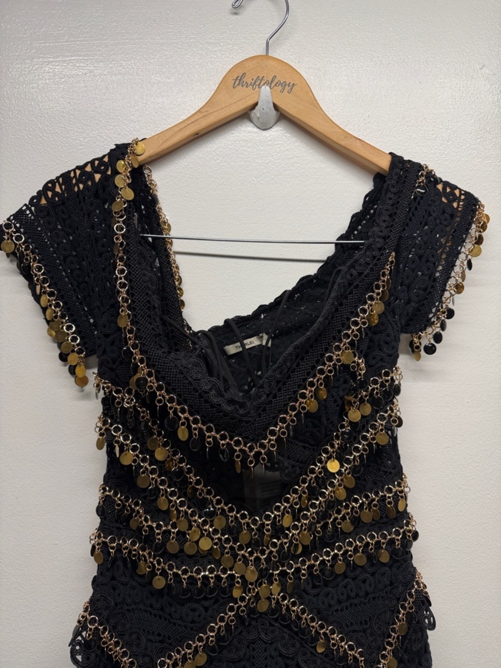 Thurley Indigo Mini Dress Off Shoulder Lace Mesh Metal Chain Black New Size 4 - Picture 2 of 10